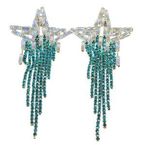 Crystal Starburst Dangle Earrings Green Rhinestones Fringe Design